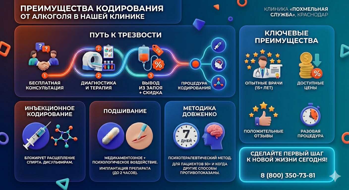 Инфографика о методах кодирования от алкоголя в Сясьстрое: инъекции, подшивание, метод Довженко. Преимущества клиники и этапы лечения.