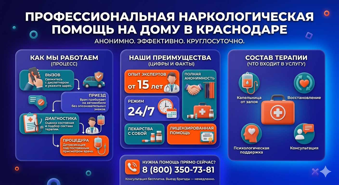 Инфографика о принципах лечения алкоголизма на дому в Сясьстрое: этапы вызова нарколога, преимущества анонимной детоксикации и состав медицинской помощи.